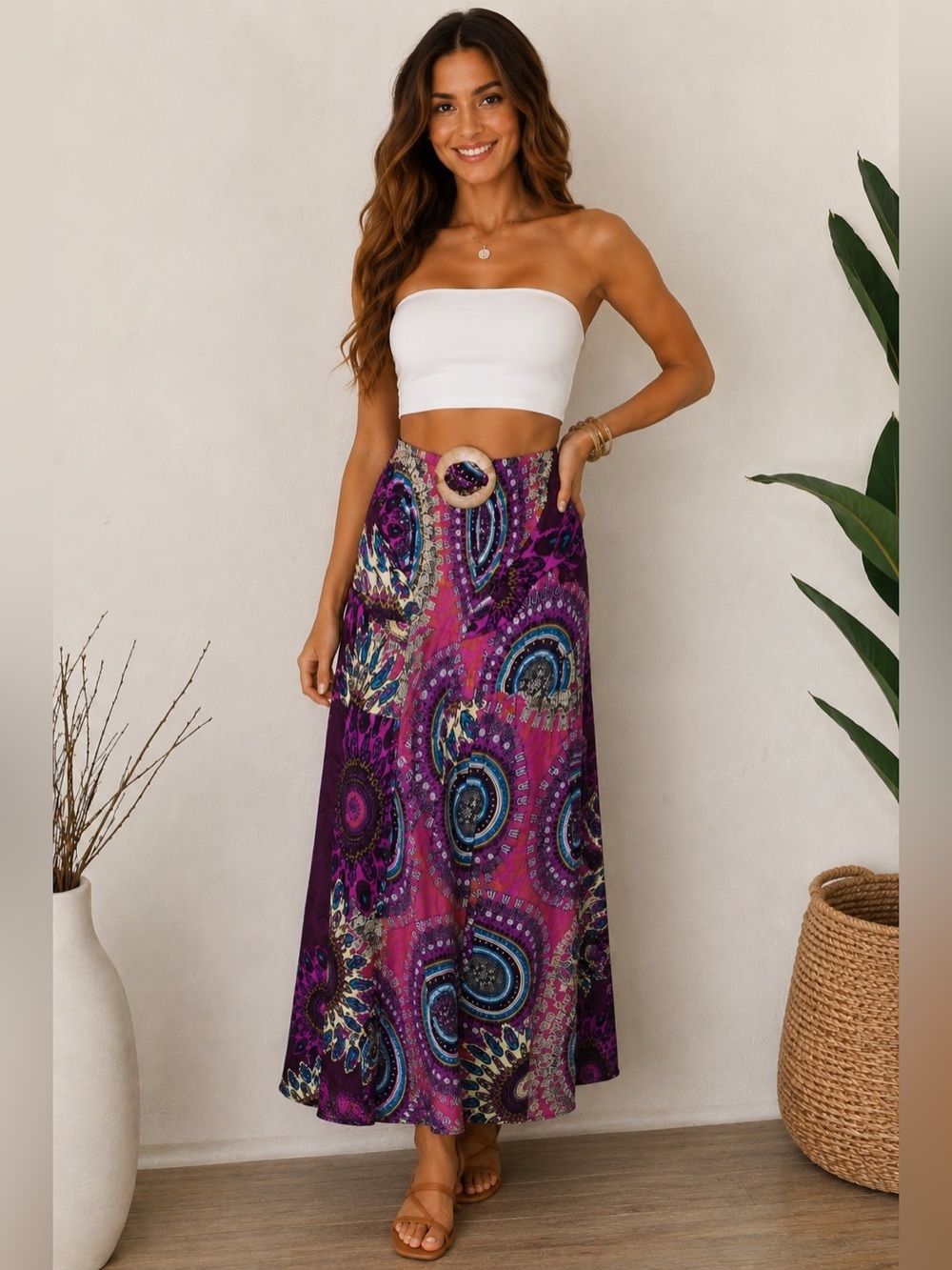 NWT One Size Rayon Mandala Print Maxi Skirt Boho Festival Purple Pink A28